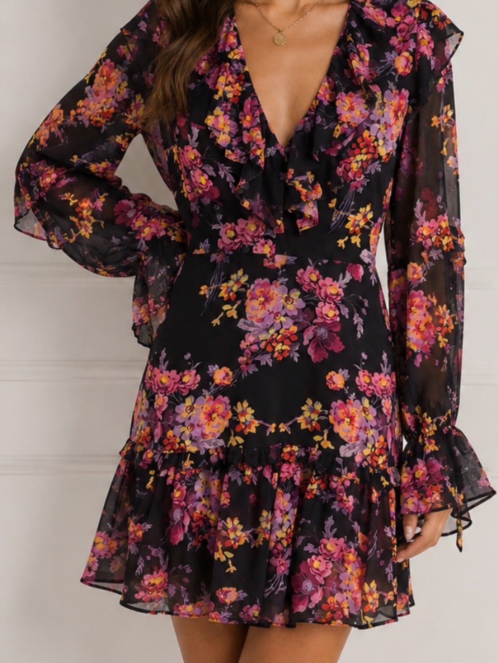 Amanda Uprichard Black Floral Ruffle Chiffon Mini Dress Romantic Boho Size S